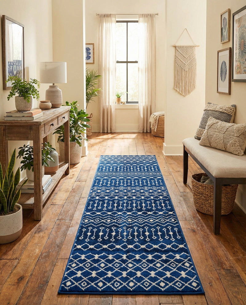 Mediterranean Lattice Collection Area Rug - Santorini (Navy Blue) Runner Navy Blue  lifestyle 62