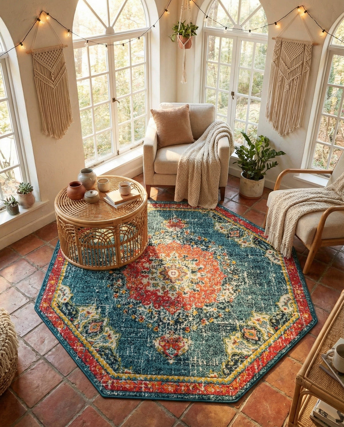Brighton Terrace Collection Area Rug - Hove (Blue) Octagon Blue  lifestyle 94