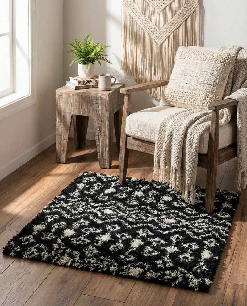 Berber Lattice Shag Collection Area Rug - Atlas (Black and White) Square Black and White  lifestyle 40