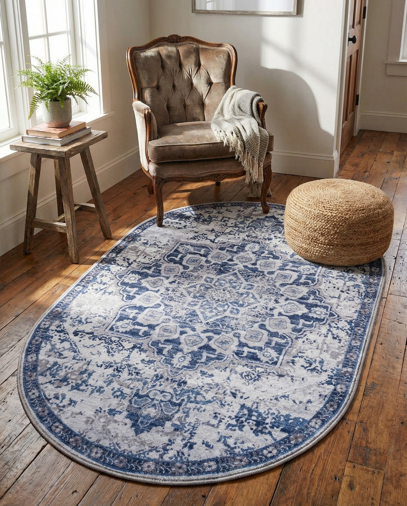 Baroque Era Collection Area Rug - Versailles (Gray Blue) Oval Gray Blue  lifestyle 72
