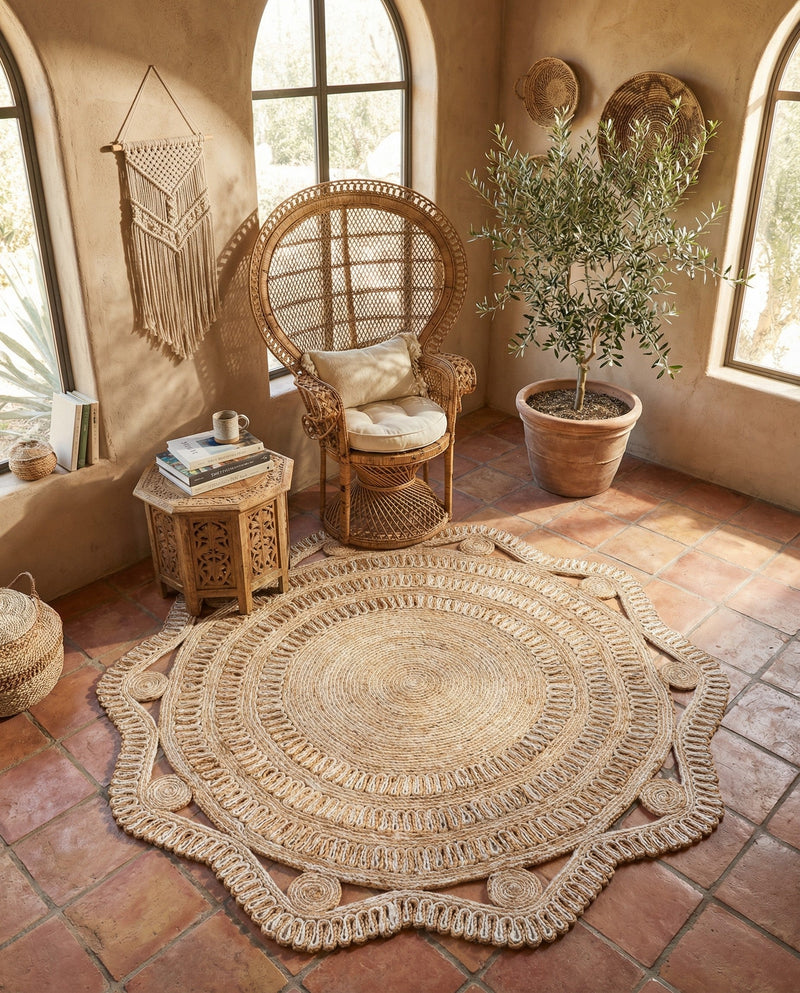 Woven Seaside Jute Collection Area Rug - Nantucket Round Natural and White  lifestyle 76