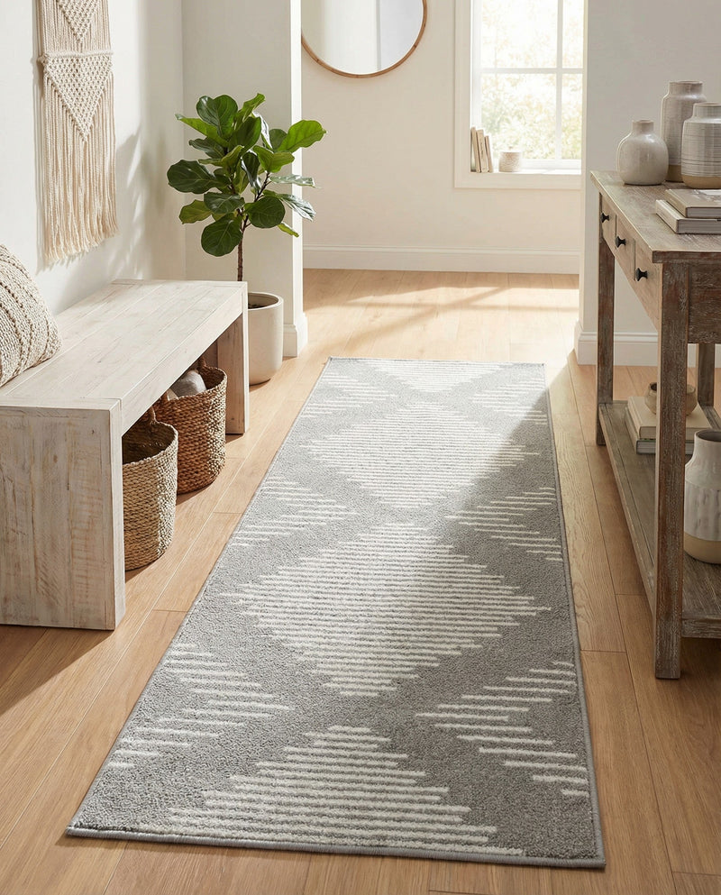 Seychelles Stripes Collection Area Rug - Mahe (Gray and Ivory) Runner Gray and Ivory  lifestyle 23