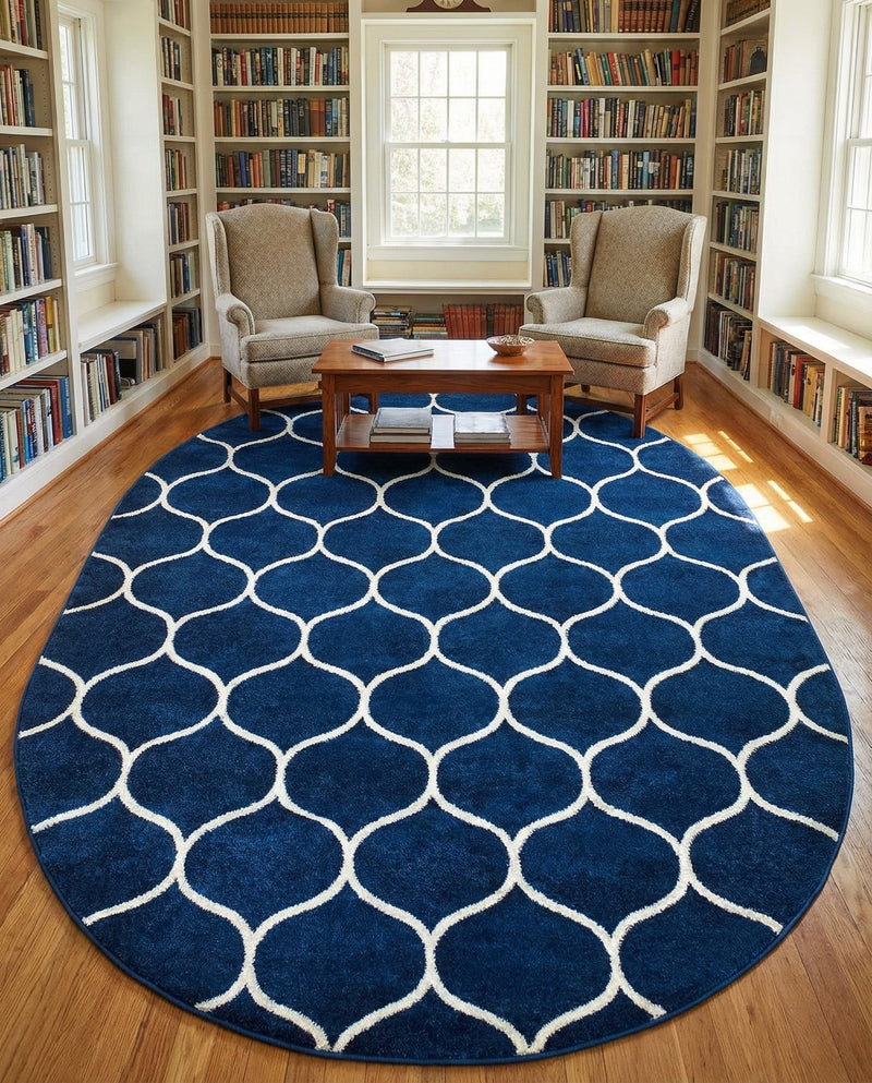 Trellis Mosaic Collection Area Rug -  Pergolatown (Navy Blue) Oval Navy Blue  lifestyle 73