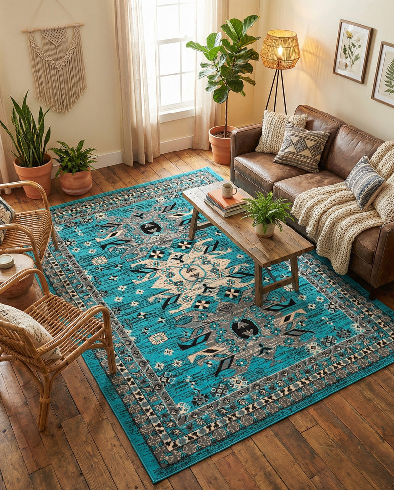 Tabriz Tapestries Collection Area Rug - Azerbaijan (Turquoise) Rectangle Turquoise  lifestyle 15