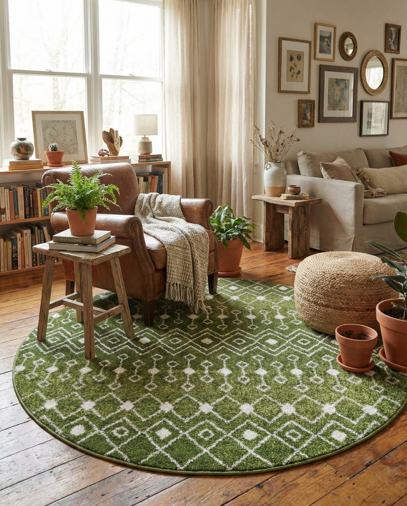 Mediterranean Lattice Collection Area Rug - Santorini (Green) Round Green  lifestyle 54
