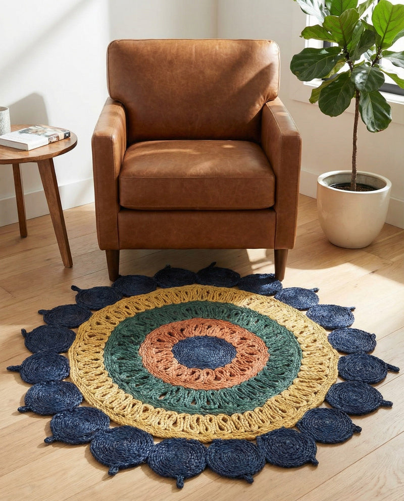 Woven Seaside Jute Collection Area Rug - Coastalhaven (Navy Blue Yellow Green) Round Navy Blue Yellow Green  lifestyle 17