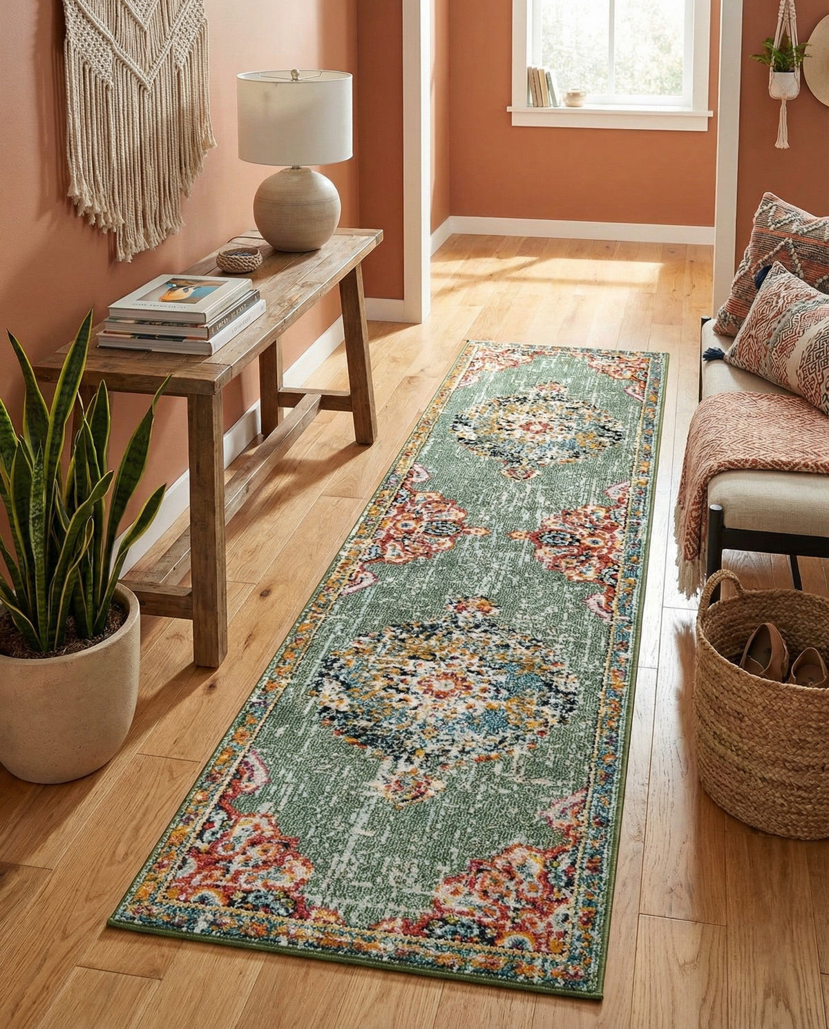 Brighton Terrace Collection Area Rug - Hove (Green) Runner Green  lifestyle 129