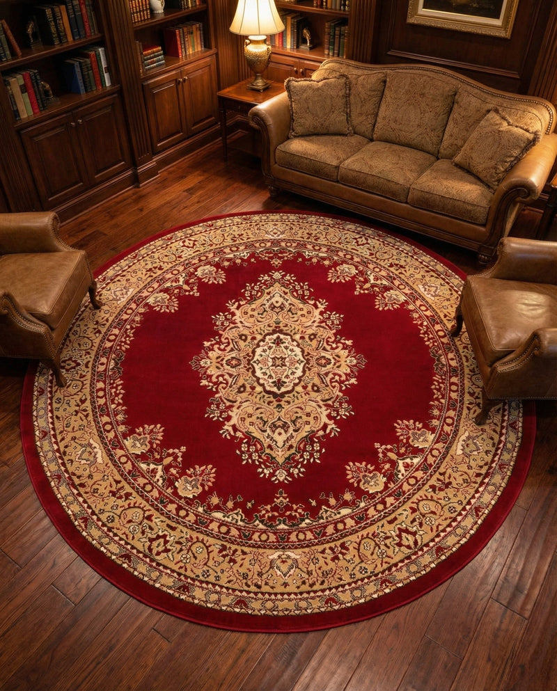 Tabriz Tapestry Collection Area Rug - Azerbaijan (Burgundy) Round Burgundy  lifestyle 37