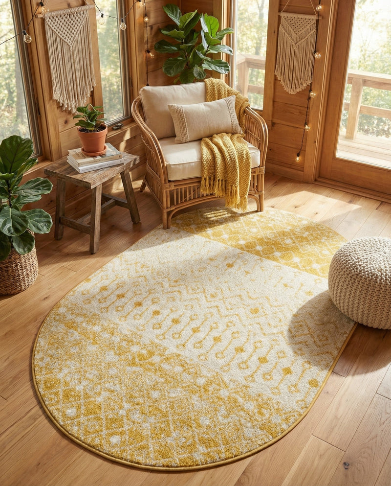 Mediterranean Lattice Collection Area Rug -  Casablanca (Ivory and Yellow) Oval Ivory and Yellow  lifestyle 61