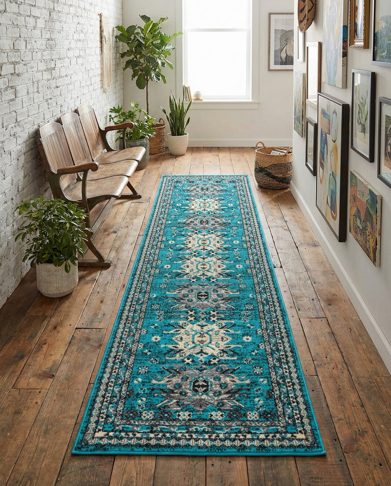 Tabriz Tapestries Collection Area Rug - Azerbaijan (Turquoise) Runner Turquoise  lifestyle 54