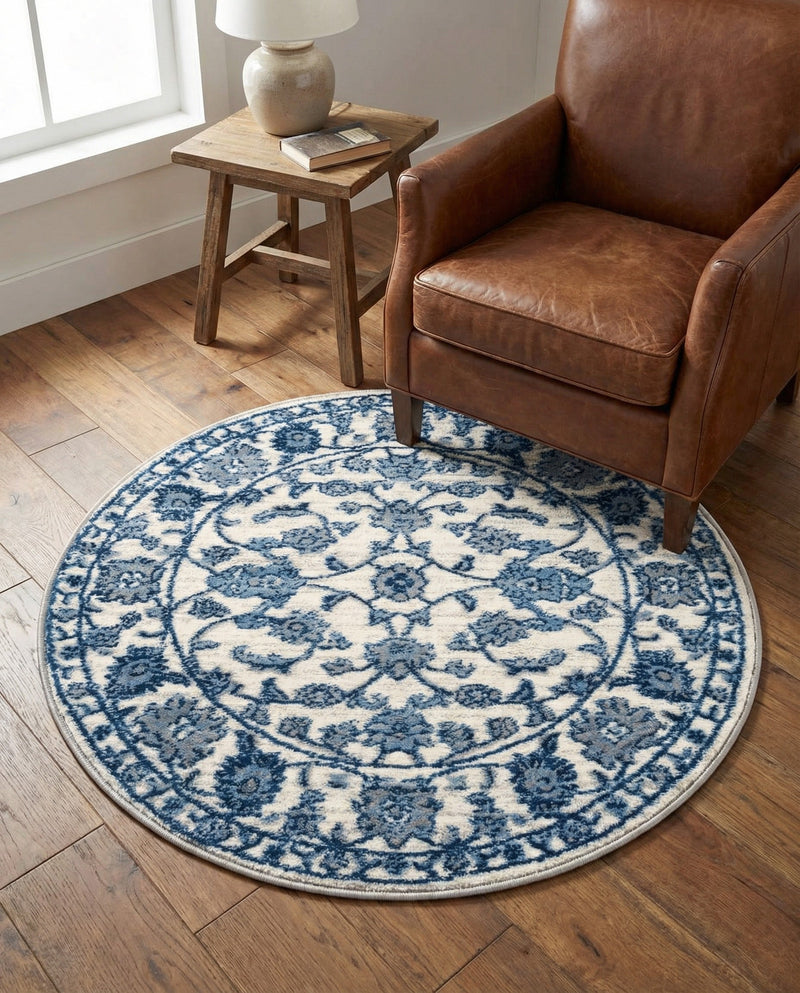 Charleston Elegance Collection Area Rug -  Seaport (White Blue) Round White Blue  lifestyle 68