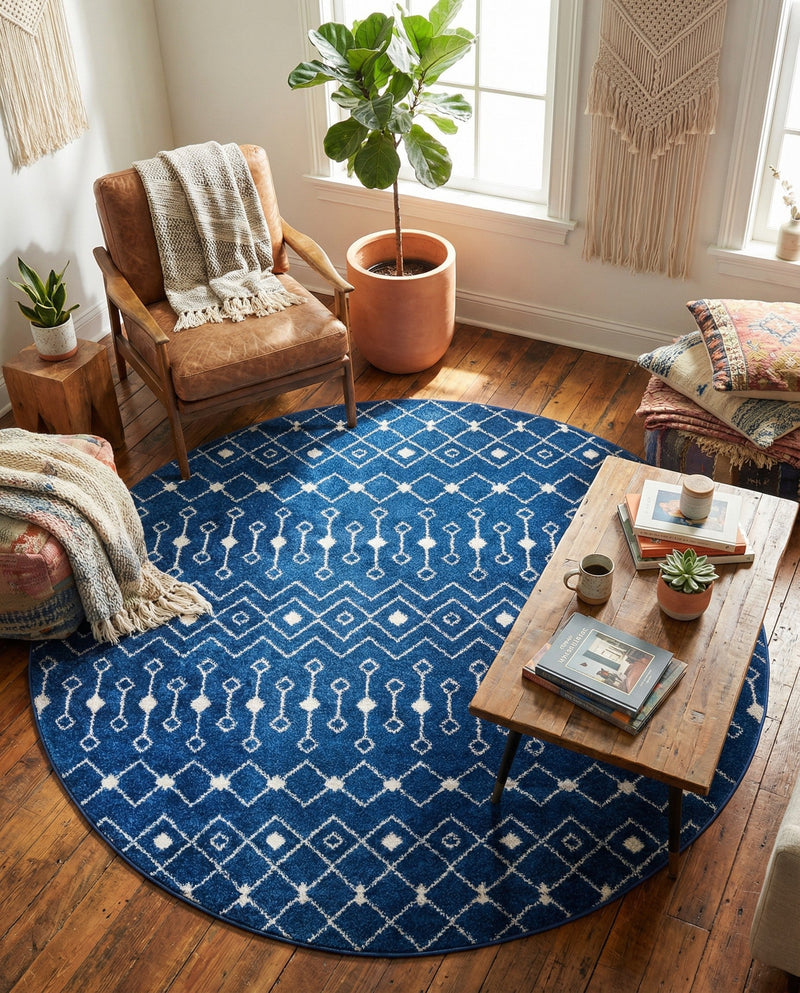 Mediterranean Lattice Collection Area Rug - Santorini (Navy Blue) Round Navy Blue  lifestyle 56