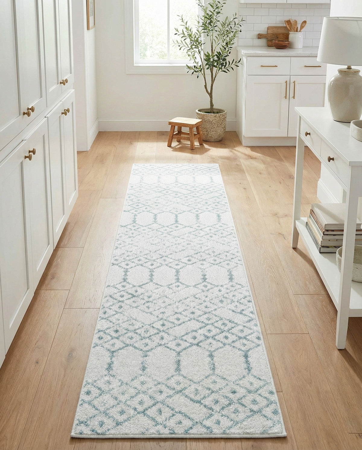 Marrakesh Lattice Collection Area Rug - Casablanca (Ivory Aqua) Runner Ivory Aqua  lifestyle 87