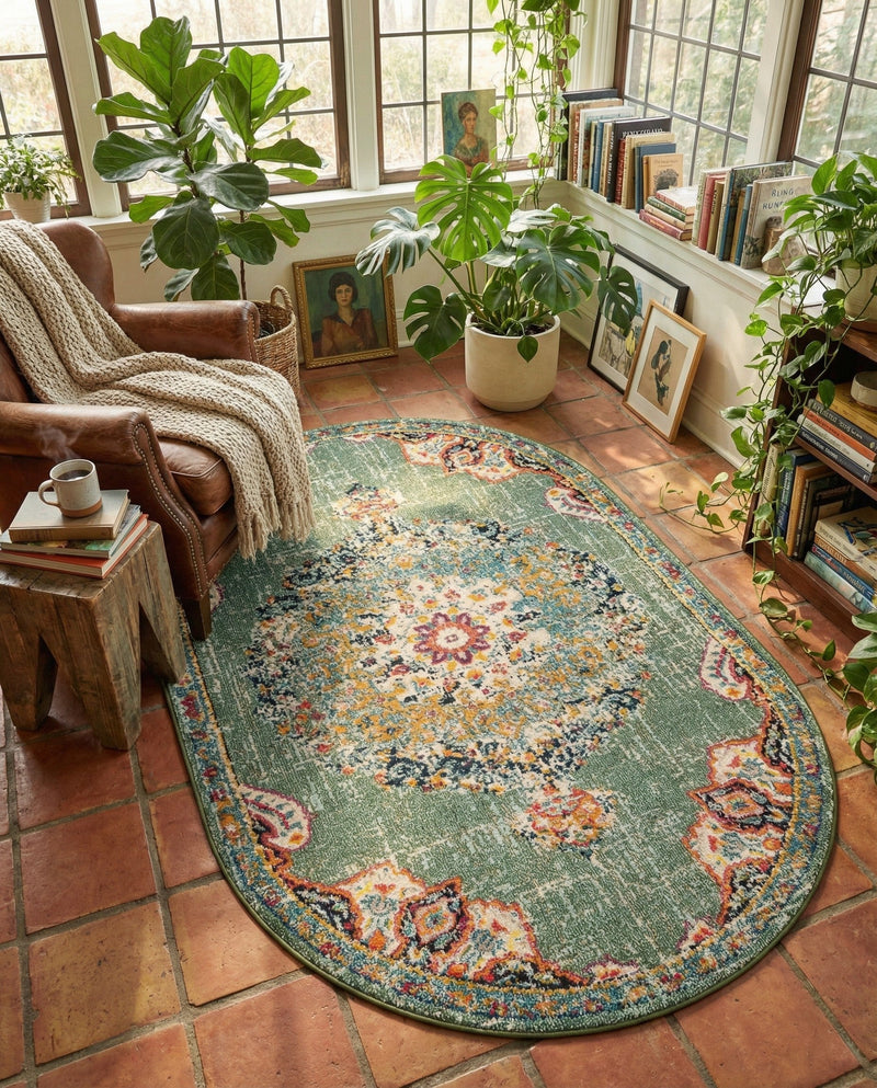 Brighton Terrace Collection Area Rug - Hove (Green) Oval Green  lifestyle 45