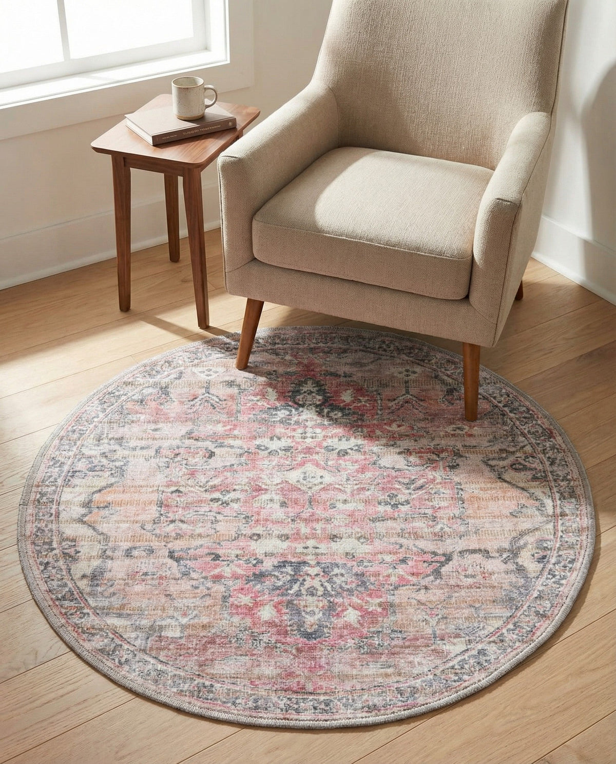 Vintage Memories Collection Area Rug - Echoes Round Beige pink  lifestyle 102