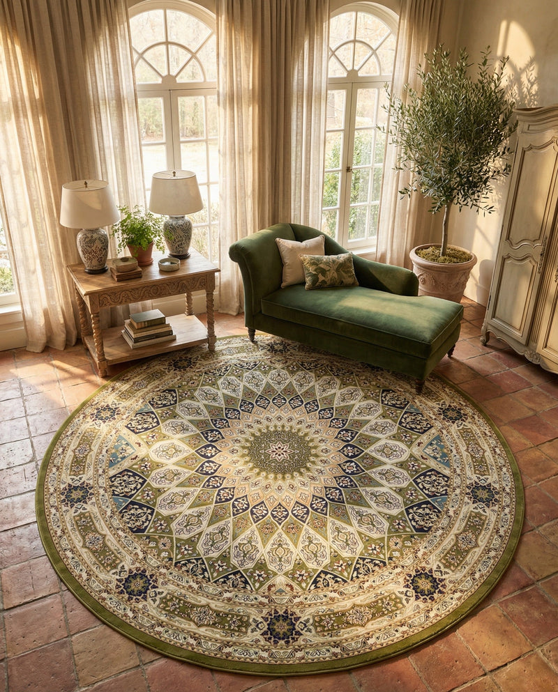 Persian Elegance Collection Area Rug -  Hamedan (Green) Round Green  lifestyle 30