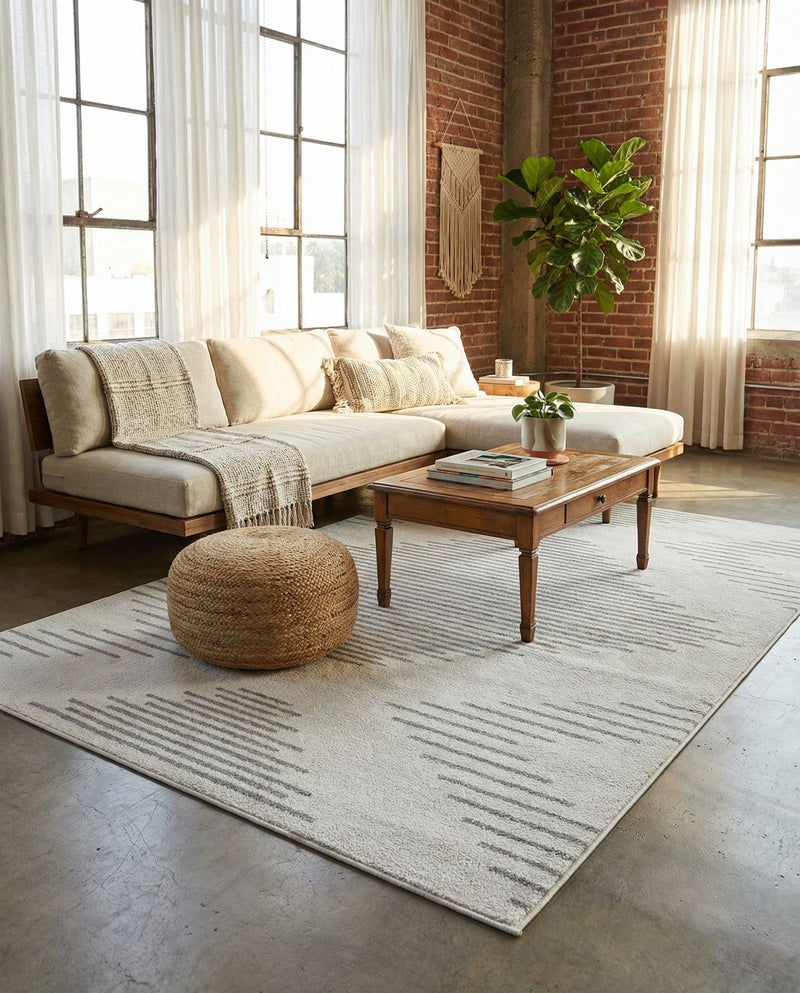 Seychelles Stripes Collection Area Rug - Mahe (Ivory and Gray) Rectangle Ivory and Gray  lifestyle 11
