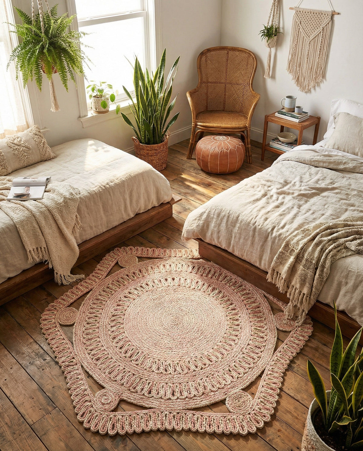 Woven Seaside Jute Collection Area Rug - Nantucket Round Pink and White  lifestyle 84
