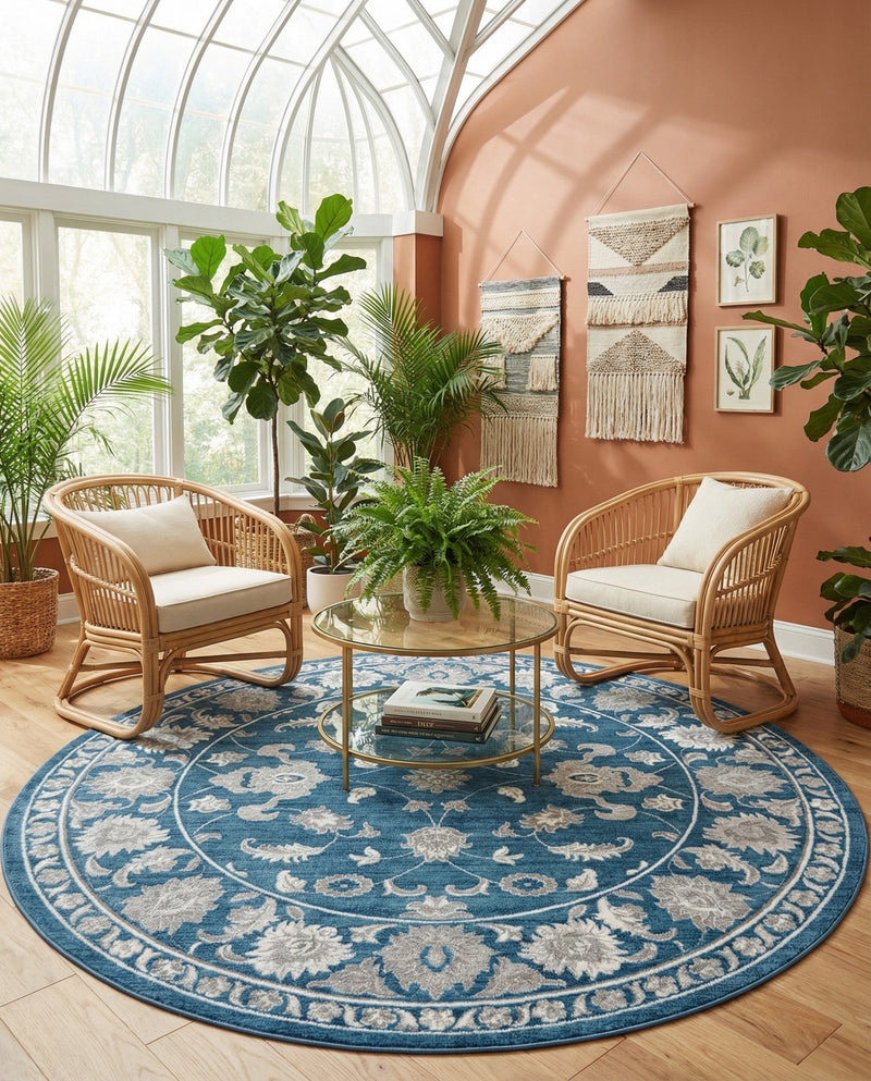 Charleston Elegance Collection Area Rug -  Seaport (Blue) Round Blue  lifestyle 78