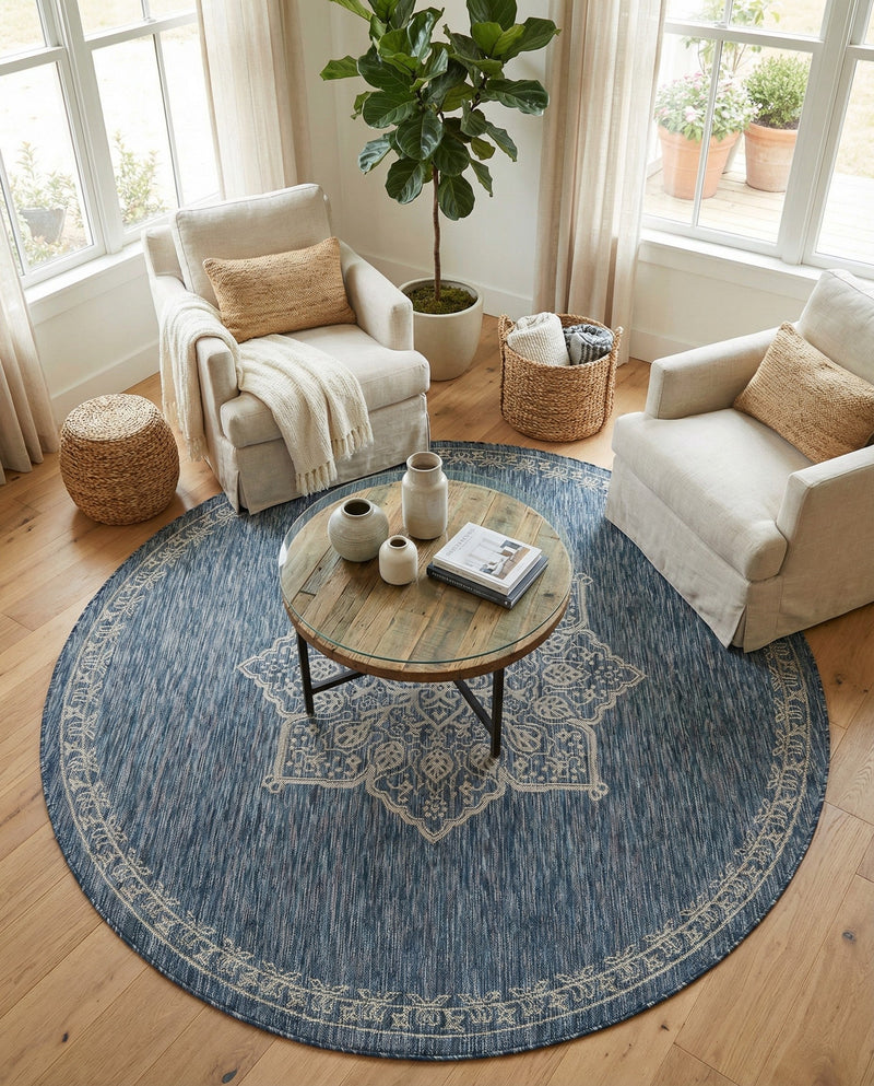 Patio Heritage Collection Area Rug -  Charleston (Blue) Round Blue  lifestyle 56