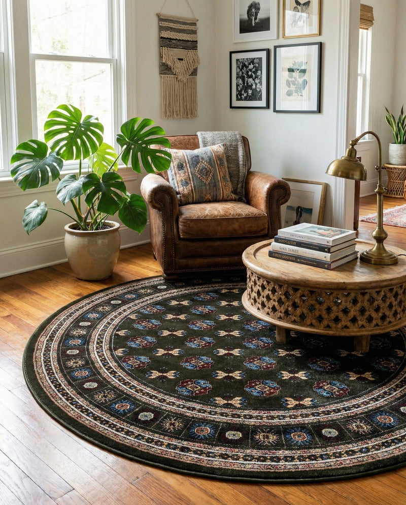 Samarkand Elegance Collection Area Rug -  Margilan (Dark Green) Round Dark Green  lifestyle 68