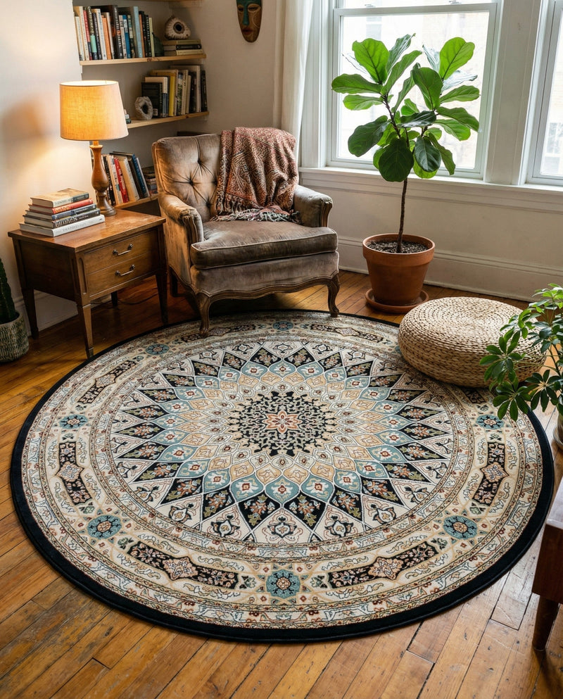 Persian Elegance Collection Area Rug -  Hamedan (Navy Blue) Round Navy Blue  lifestyle 30