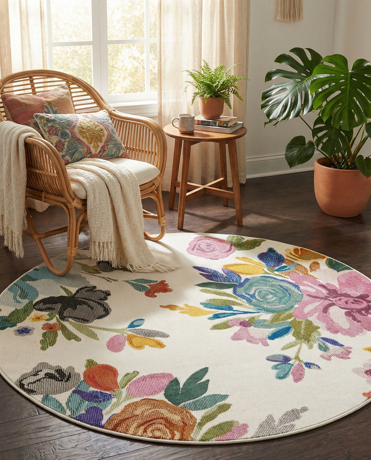 Meadow Breeze Collection Area Rug - Wildflower Round Ivory  lifestyle 76