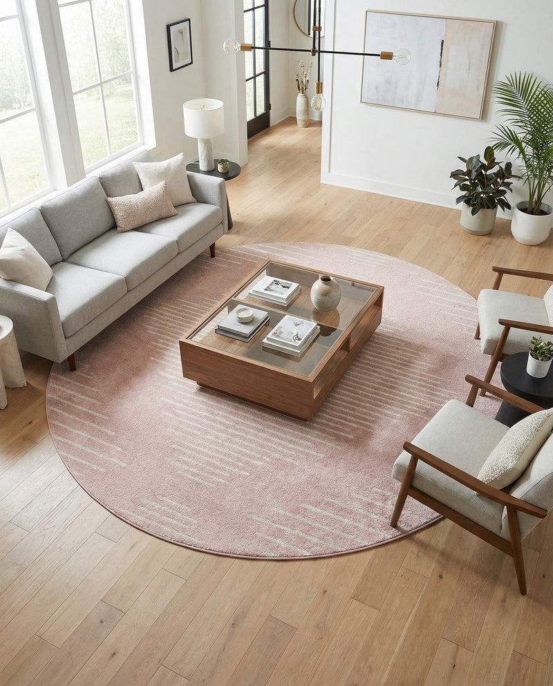 Seychelles Stripes Collection Area Rug - Mahe (Pink) Round Pink  lifestyle 38