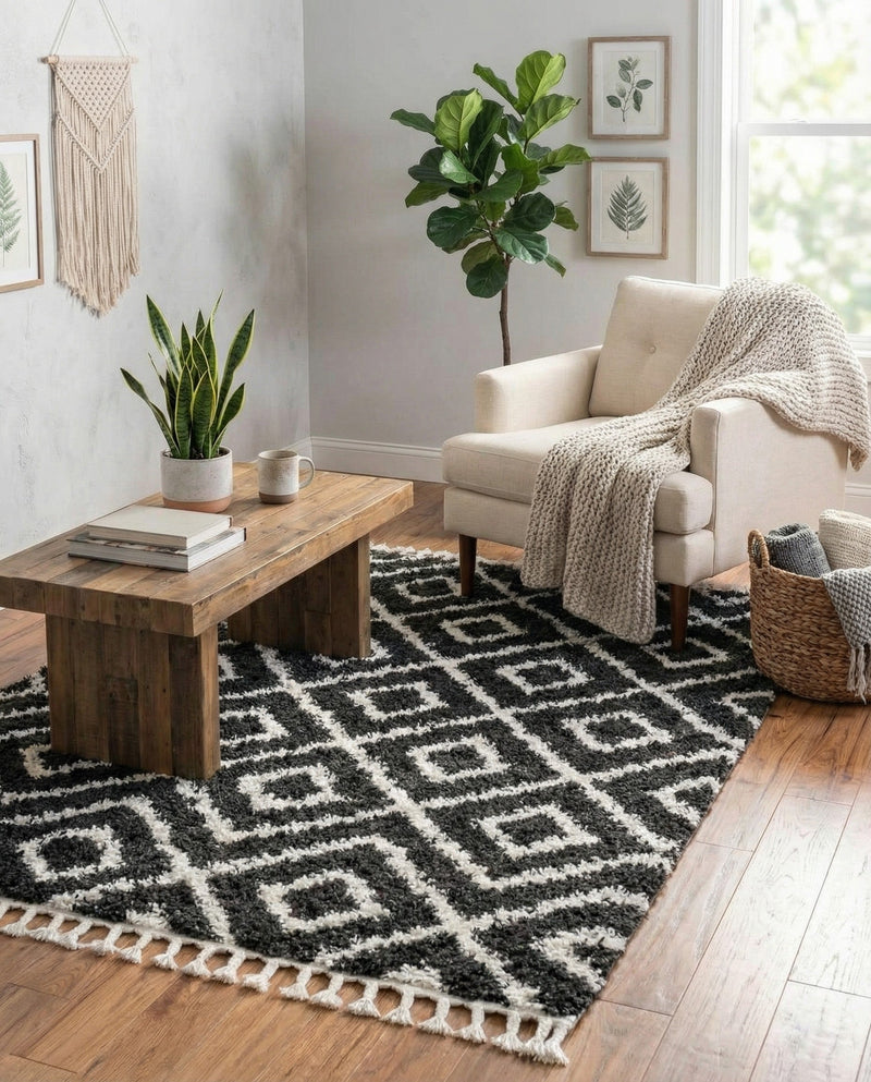 Cozy Cove Shag Collection Area Rug -  Dunes Rectangle Black and White  lifestyle 52