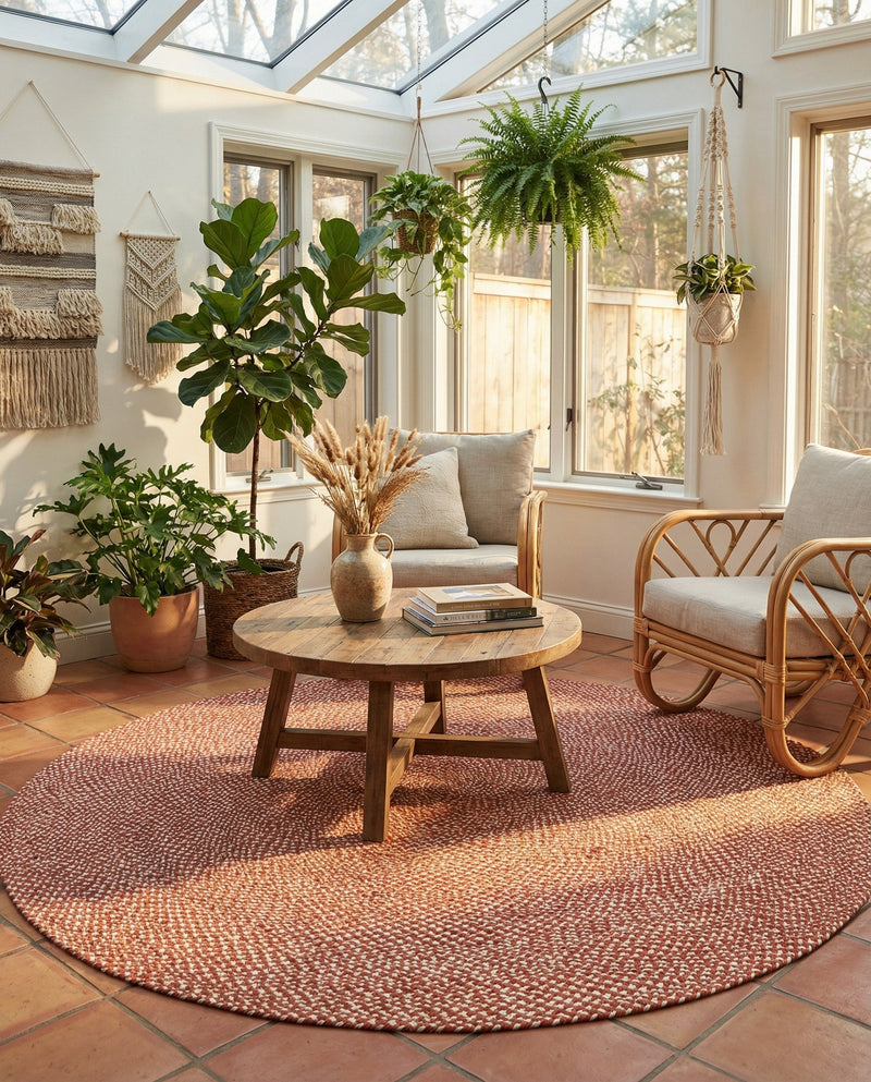 Highland Woven Jute Collection Area Rug - Glenmore (Rust Red) Round Rust Red  lifestyle 67