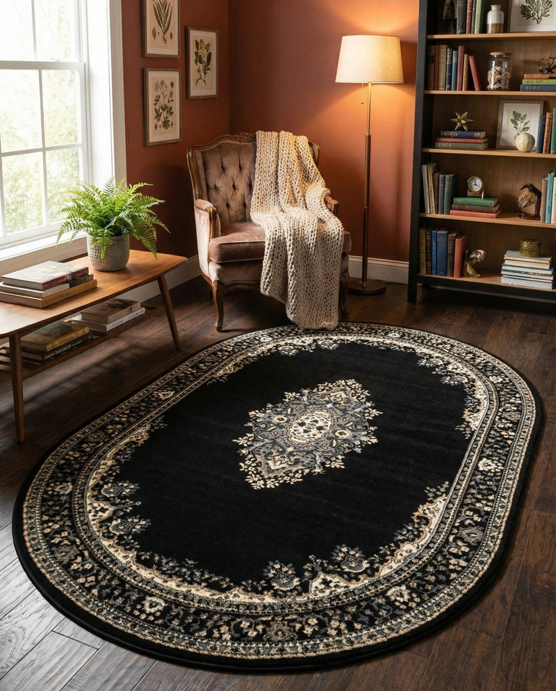 Tabriz Tapestry Collection Area Rug - Azerbaijan (Black) Oval Black  lifestyle 43