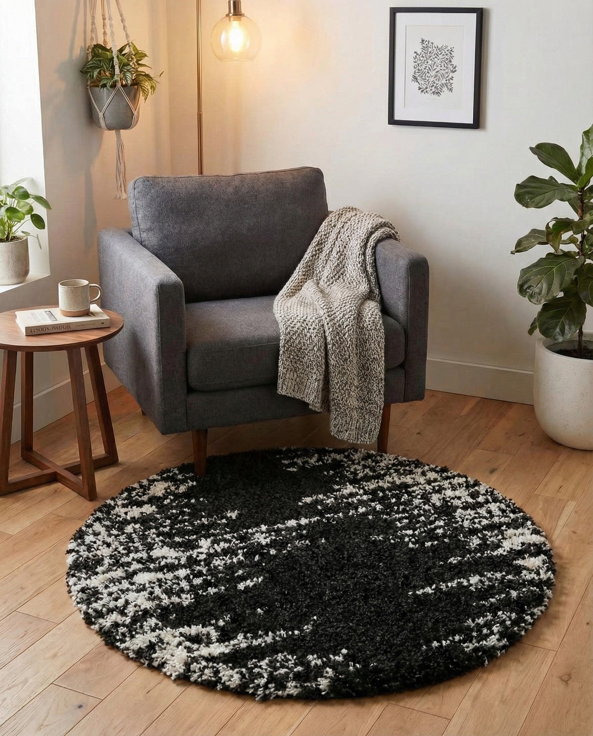 Tranquil Tides Shag Collection Area Rug - Marina Round Black and White  lifestyle 203