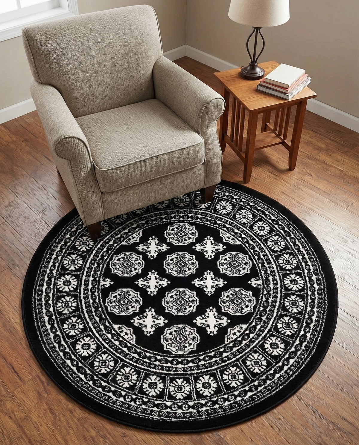 Samarkand Elegance Collection Area Rug -  Margilan (Black and White) Round Black and White  lifestyle 95