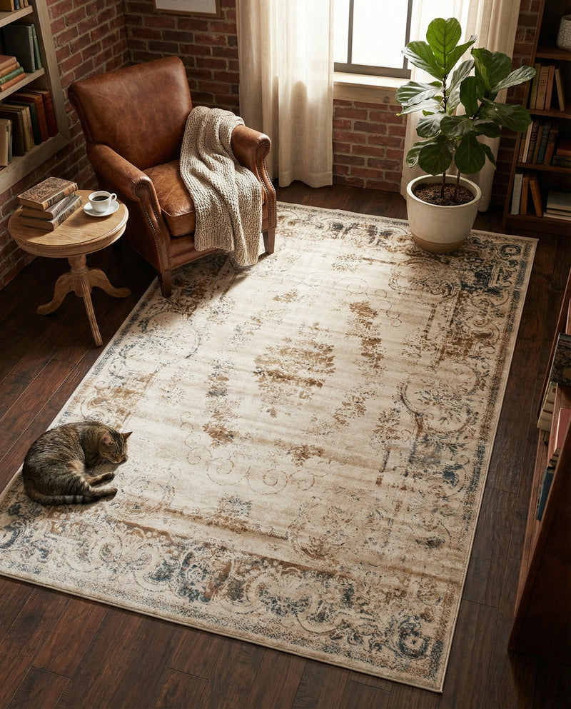 Coastal Manor Collection Area Rug -  Pierpoint Rectangle Blue Cream  lifestyle 7