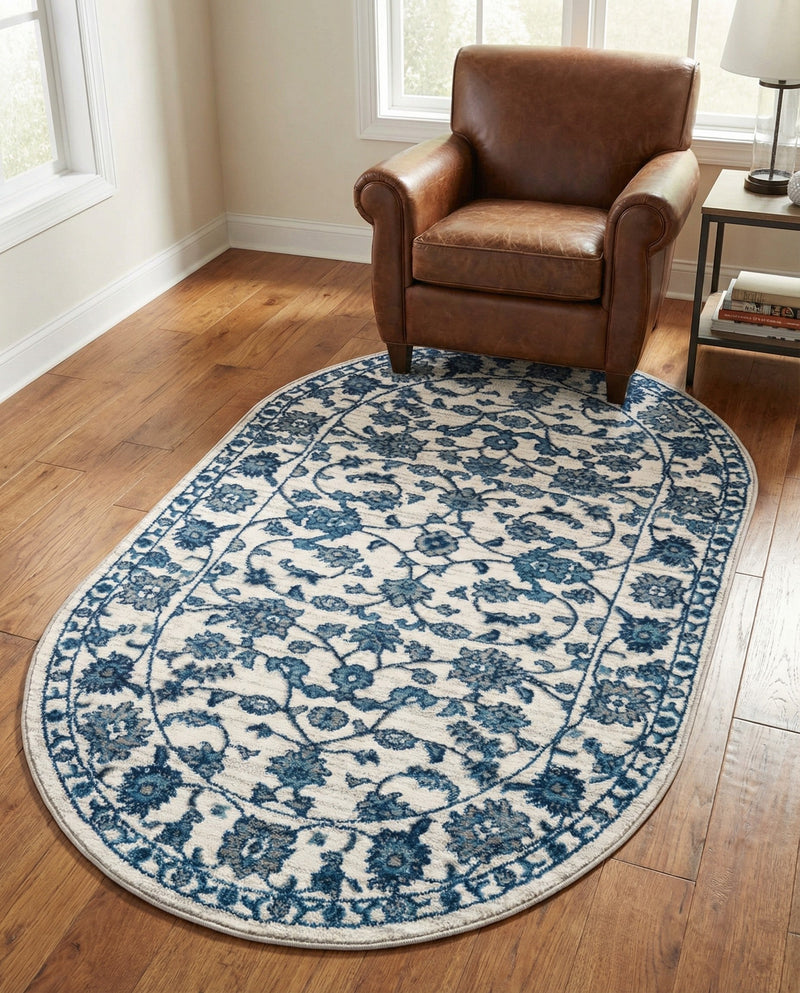 Charleston Elegance Collection Area Rug -  Seaport (White Blue) Oval White Blue  lifestyle 76