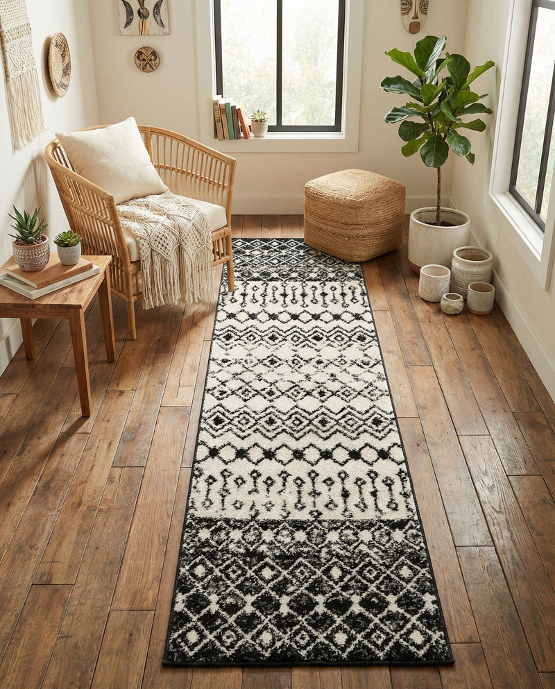 Mediterranean Lattice Collection Area Rug -  Casablanca (Black and White) Runner Black and White  lifestyle 46