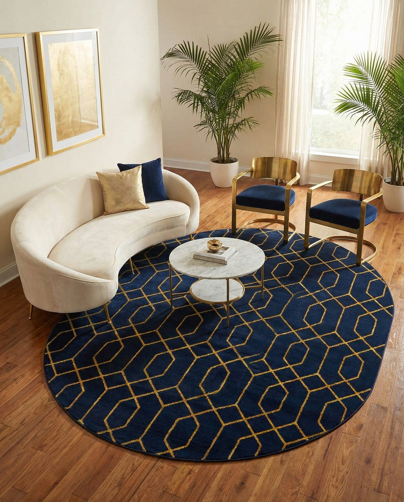 Hollywood Luxe Collection Area Rug - Sunset (Navy Blue Gold) Oval Navy Blue Gold  lifestyle 59