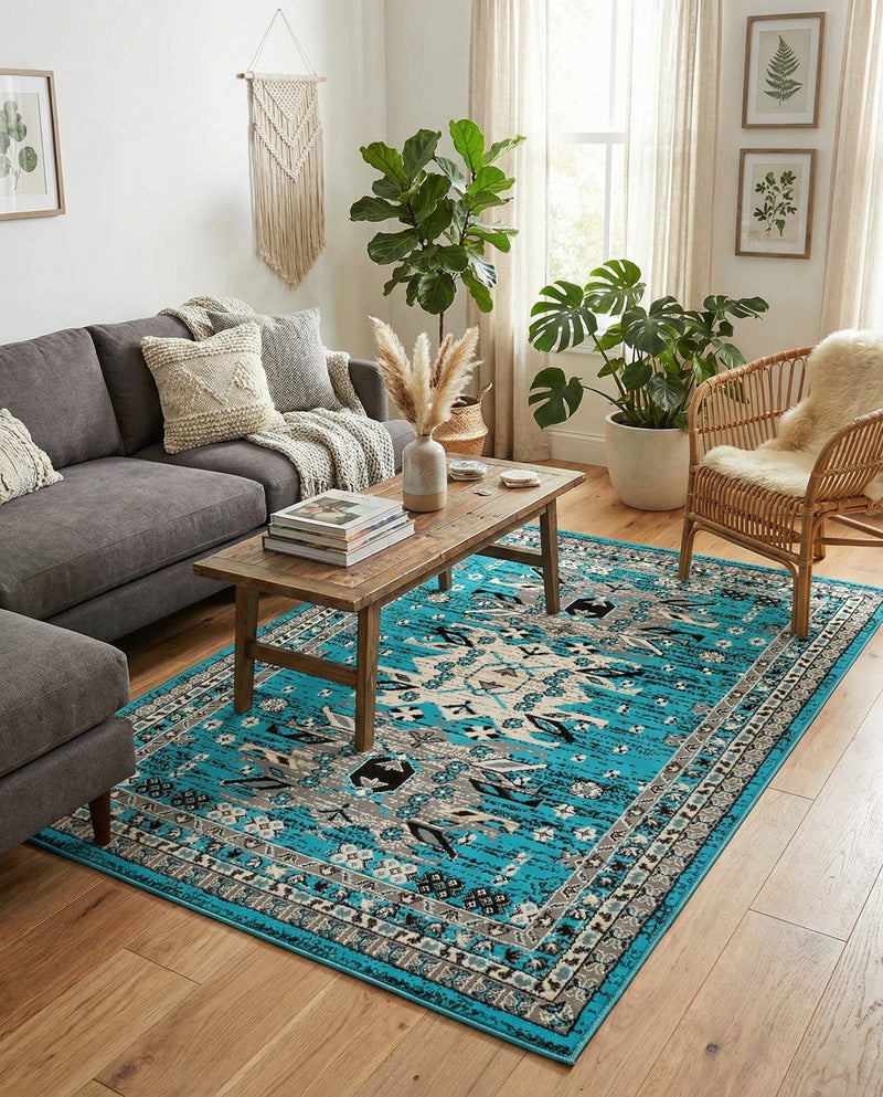 Tabriz Tapestries Collection Area Rug - Azerbaijan (Turquoise) Rectangle Turquoise  lifestyle 5