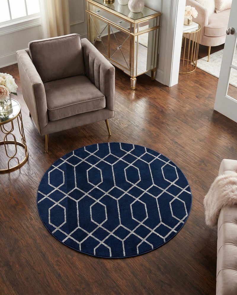 Hollywood Luxe Collection Area Rug - Sunset (Navy Blue Silver) Round Navy Blue Silver  lifestyle 50