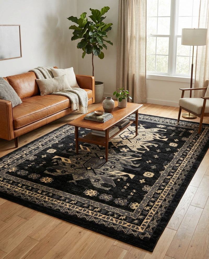 Tabriz Tapestries Collection Area Rug - Azerbaijan (Black) Rectangle Black  lifestyle 3