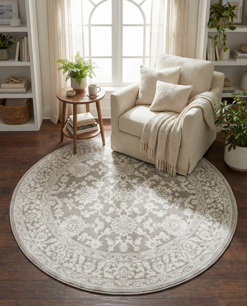 Savannah Elegance Collection Area Rug - Augusta (Light Gray) Round Light Gray  lifestyle 73
