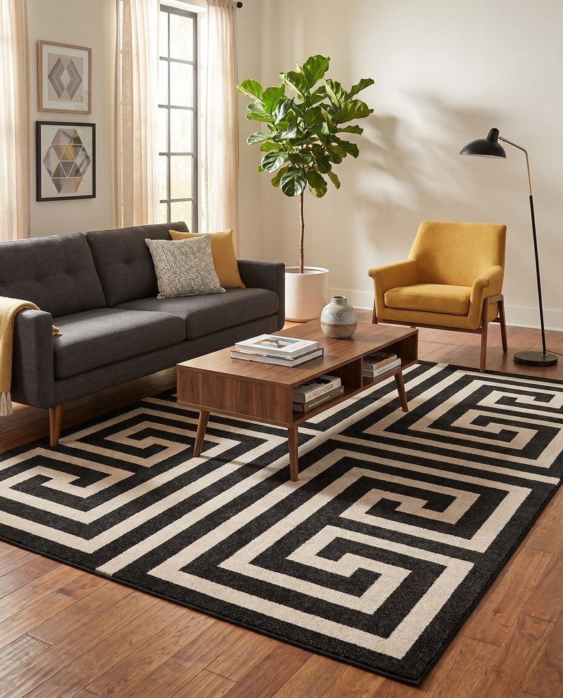 Aegean Labyrinth Collection Area Rug -  Mykonos Rectangle Black  lifestyle 37