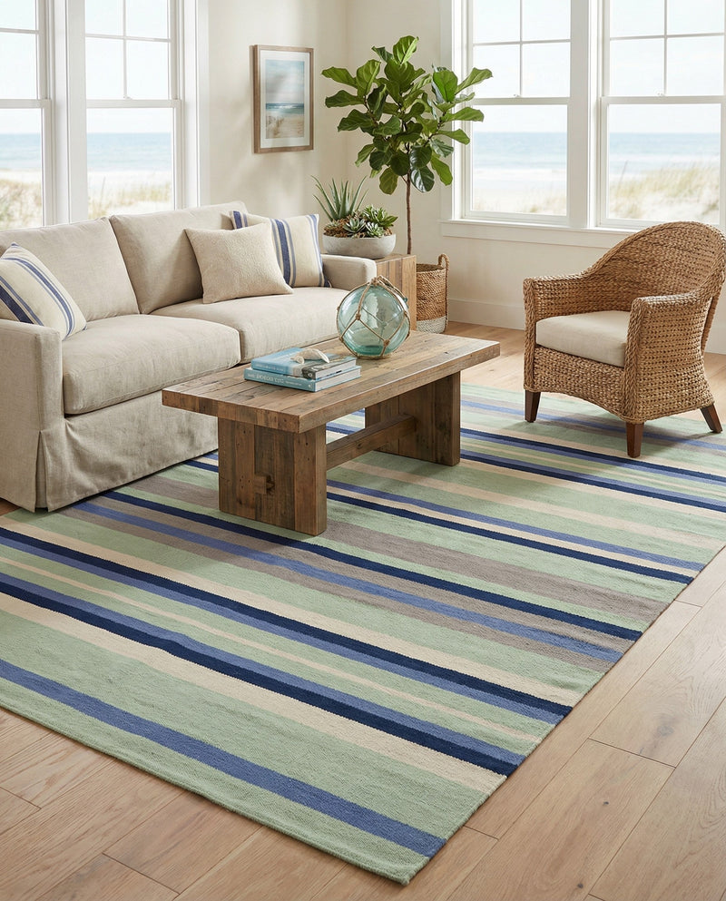 Coastal Stripe Dhurrie Collection Area Rug - Seashore Rectangle Aqua Blue and Gray  lifestyle 16