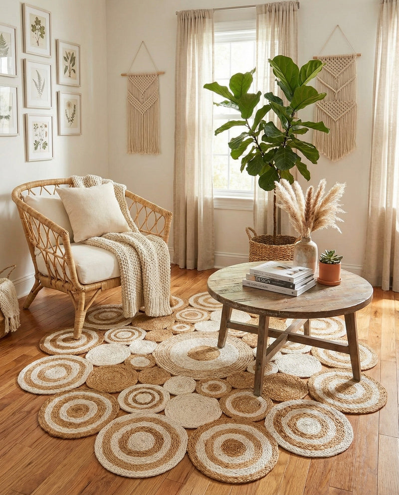 Woven Seaside Jute Collection Area Rug - Sienna Round Natural and White  lifestyle 77
