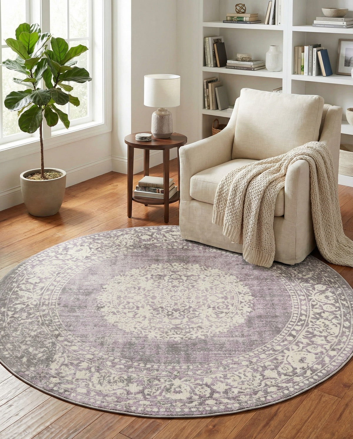 Rustic Charm Revival Collection Area Rug -  Meadowland Round Purple  lifestyle 134