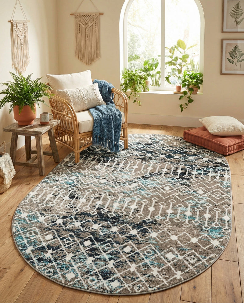 Mediterranean Lattice Collection Area Rug - Santorini (Multi Gray Blue) Oval Multi Gray Blue  lifestyle 83