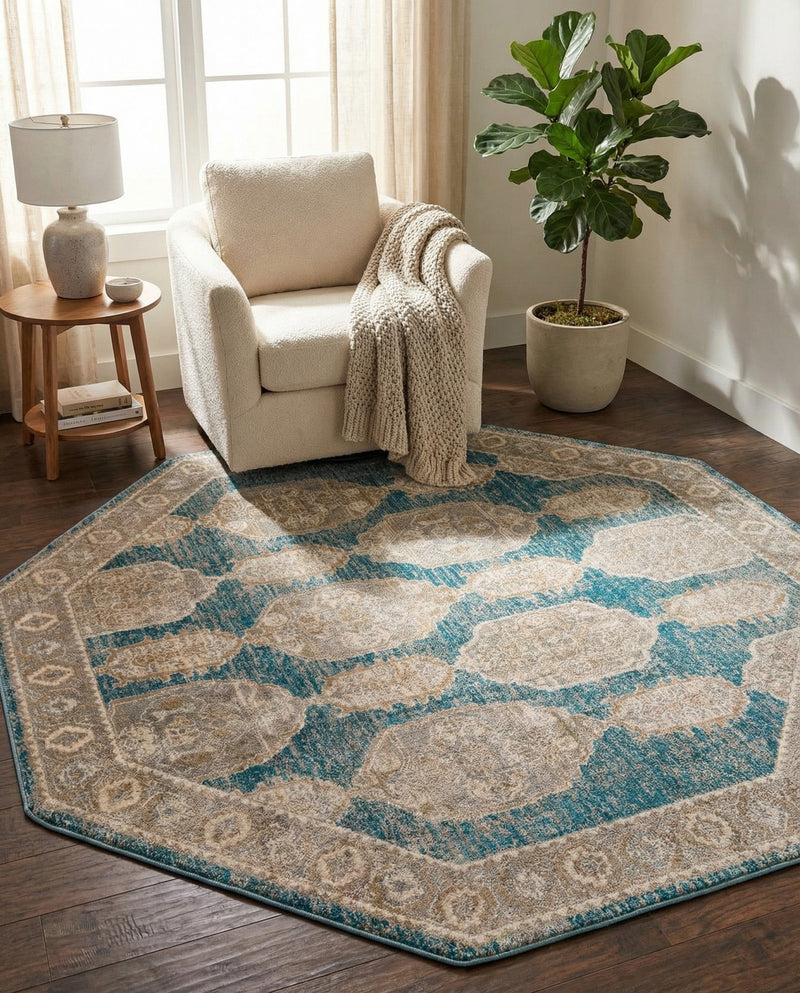 Seville Stripes Collection Area Rug -  Granada (Blue) Octagon Blue  lifestyle 25