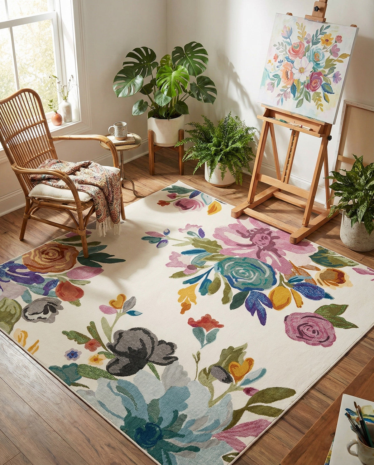 Meadow Breeze Collection Area Rug - Wildflower Square Ivory  lifestyle 81
