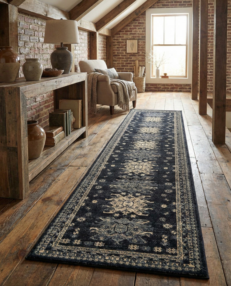 Tabriz Tapestries Collection Area Rug - Azerbaijan (Black) Runner Black  lifestyle 52