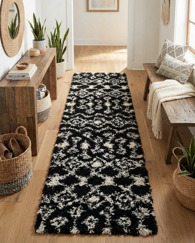 Berber Lattice Shag Collection Area Rug - Atlas (Black and White) Runner Black and White  lifestyle 45